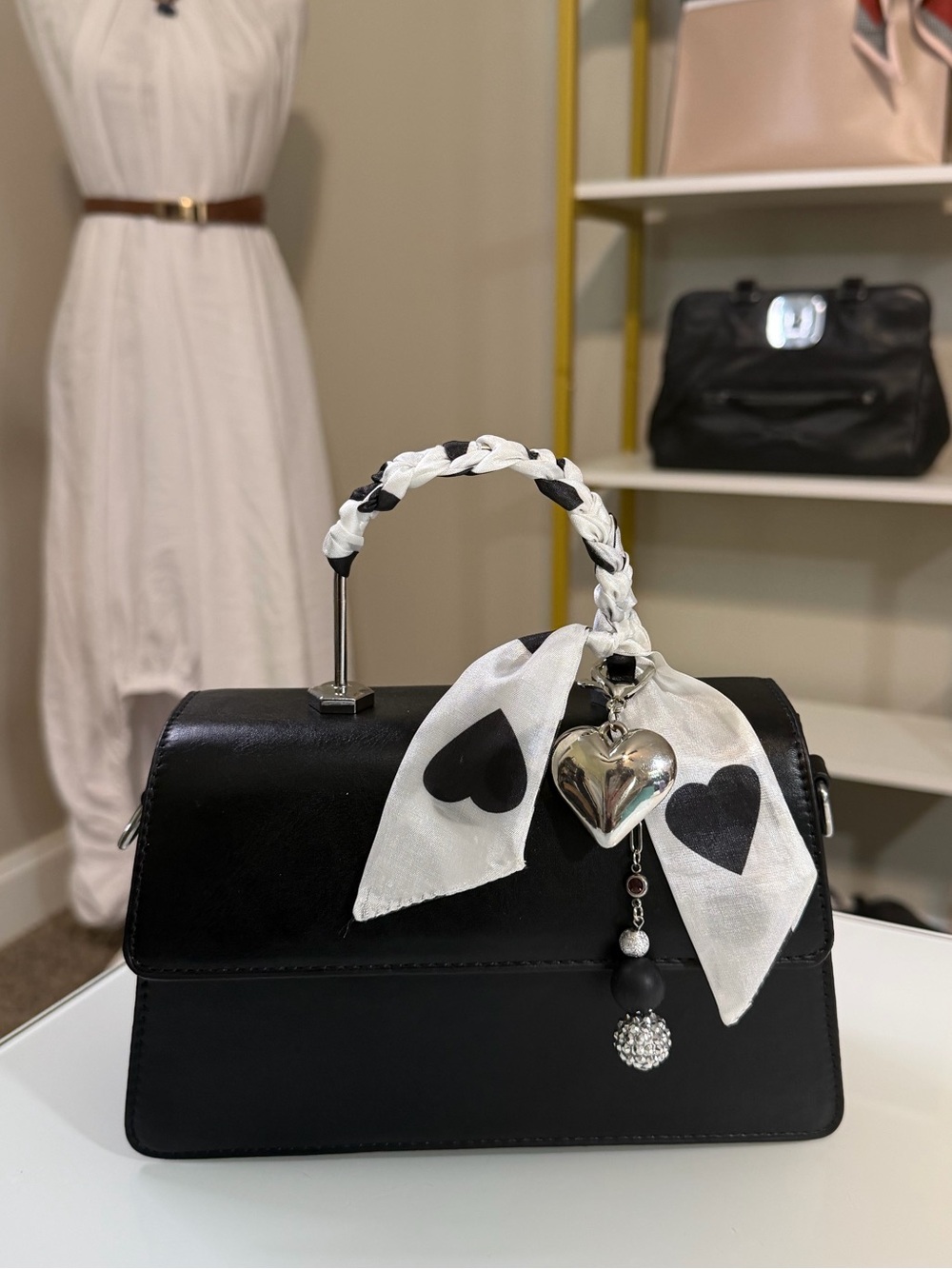 Women's Top-Handle Bag Black with Heart Scarf Accent
